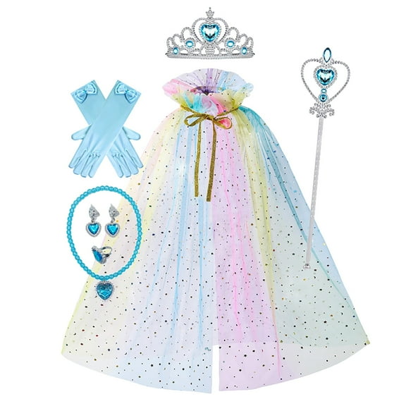 Suilloe Toddler Girls Outfit Sets Black Shining Mesh Cloak With Necklace Earrings Cane Gloves Crown Ring Set Kids Girls Birthday Princess Dress Up Outfit Sets,7 Piece，3-9 Years