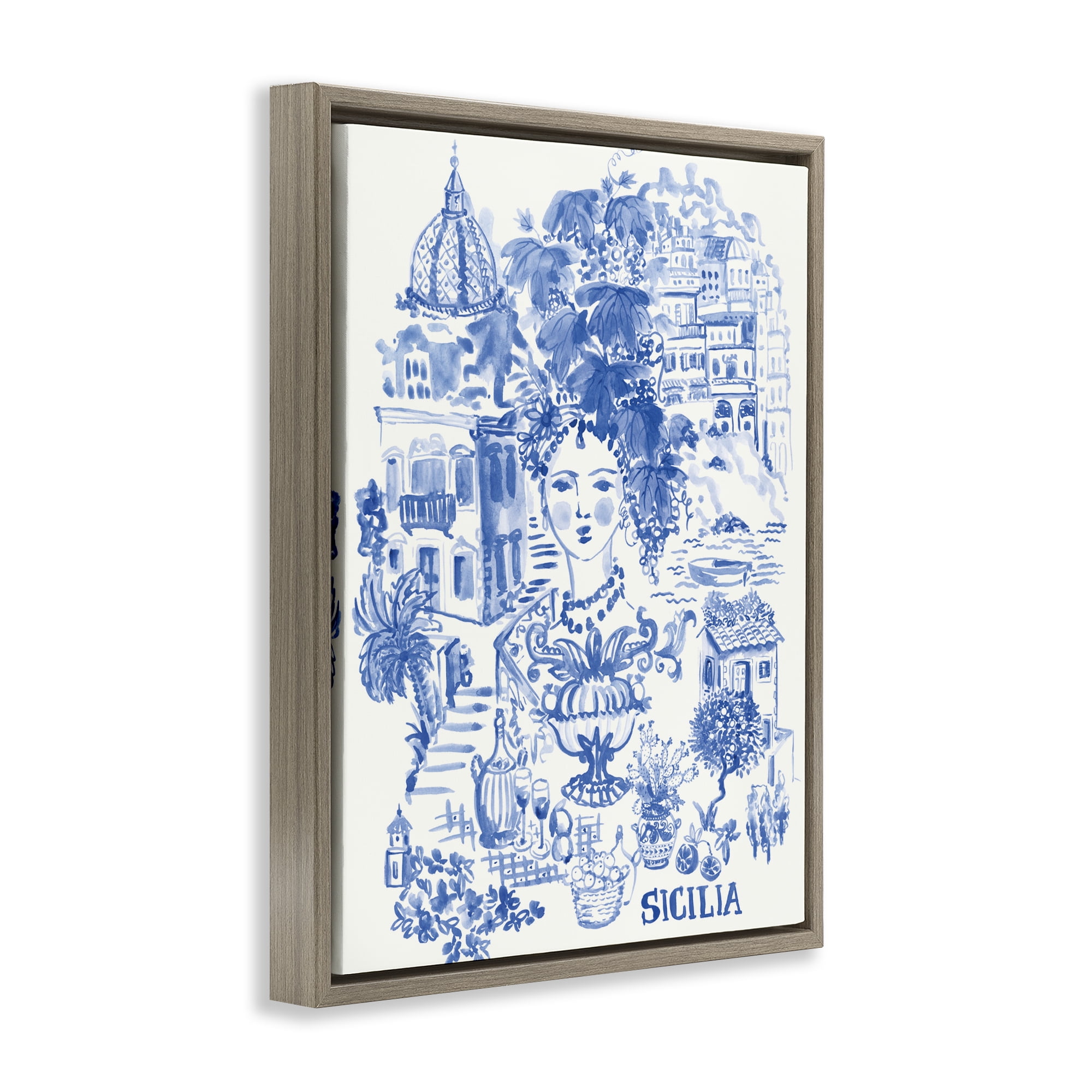 Stupell Industries Sicilia City In Blue Brown Framed Floater Canvas Wall Art, design by Karolina Sato
