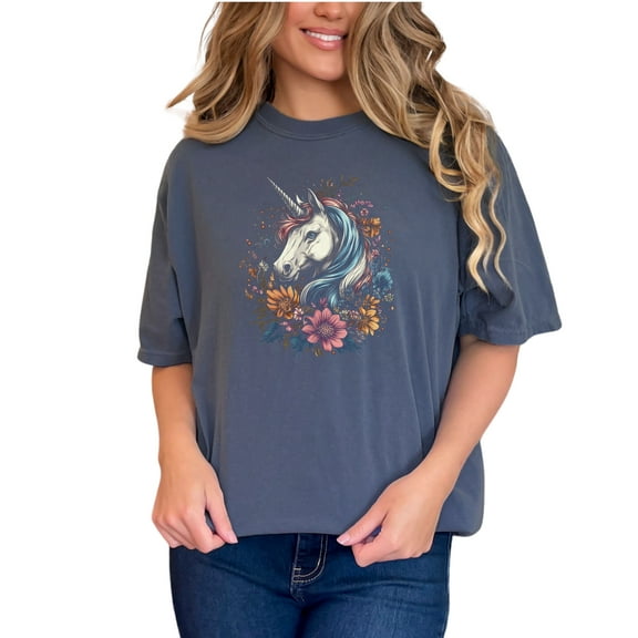 Unique Unicorn Graphic Tee, Fantasy Animal Art Shirt, Magical Floral Unicorn Print, Rainbow Mane T-Shirt, Women Men Kids Clothing, Denim Comfort Colors T-Shirt, Small