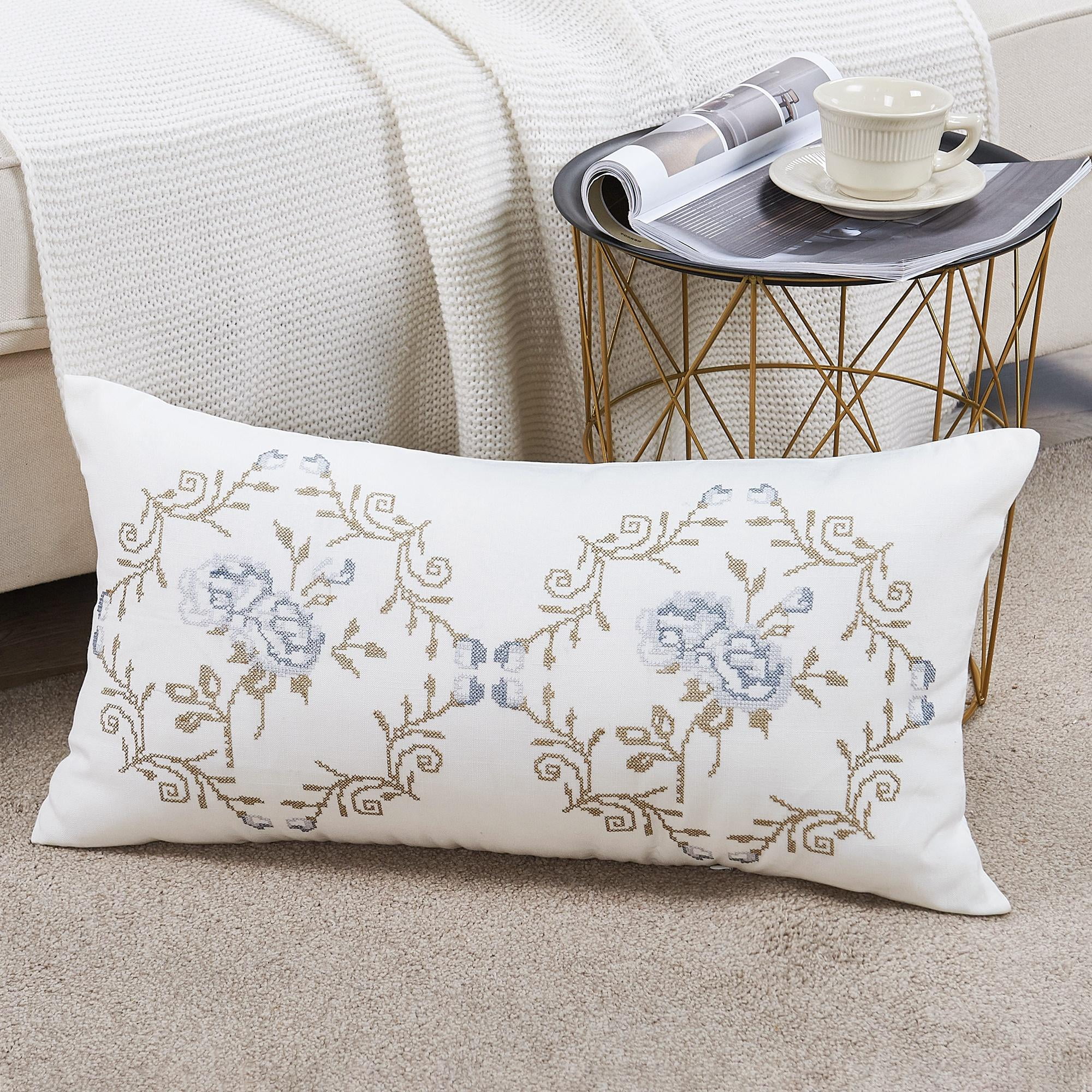 Home Soft Things Embroidery Canvas Throw Pillow Cover Pillow Case 2 Piece Set - Rose - Grey Blue - 14" x 26" LUMBAR
