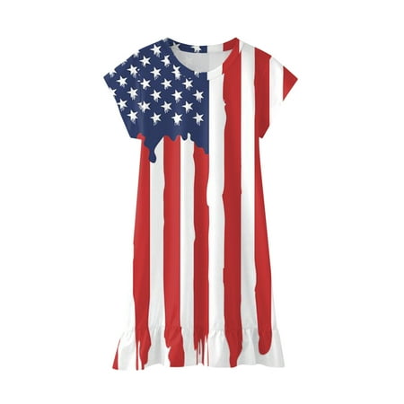 

MIASHUI Girls Fourth Of July Independent Day Star Stripes Prints Short Sleeves Party Princess Dress