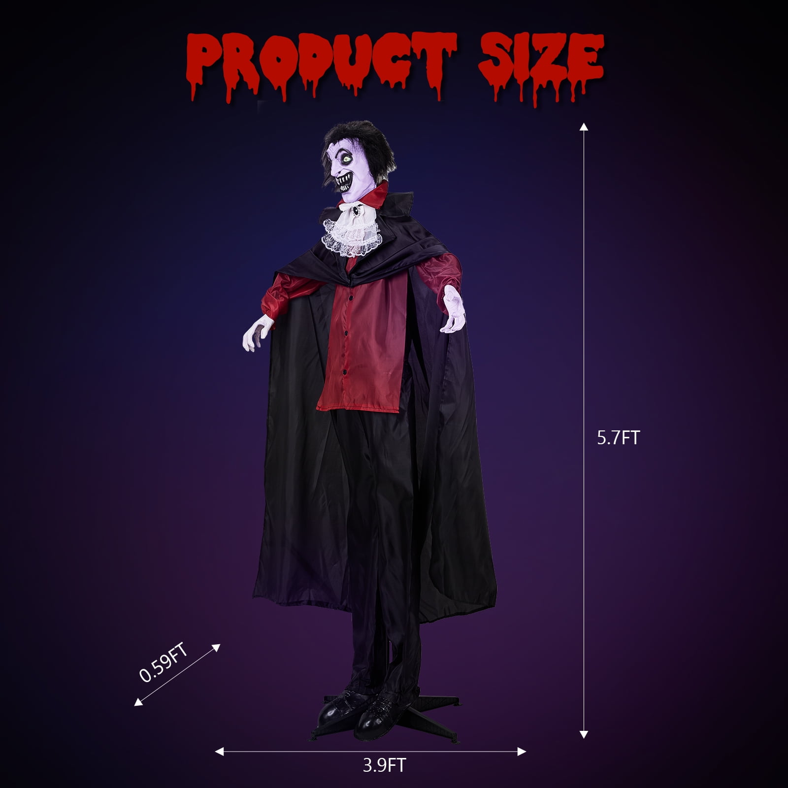 5.7 FT Vampire Outdoor Halloween Standing Decoration with LED Lights Sensor-Activated Laughing Moving Figure Holiday Party Garden Decor