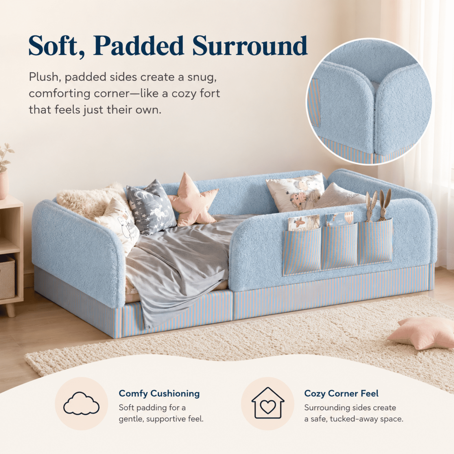Miniyam Twin Size Montessori Floor Bed for Kids, Upholstered Teddy Fleece Low Profile Bed Frame, Blue