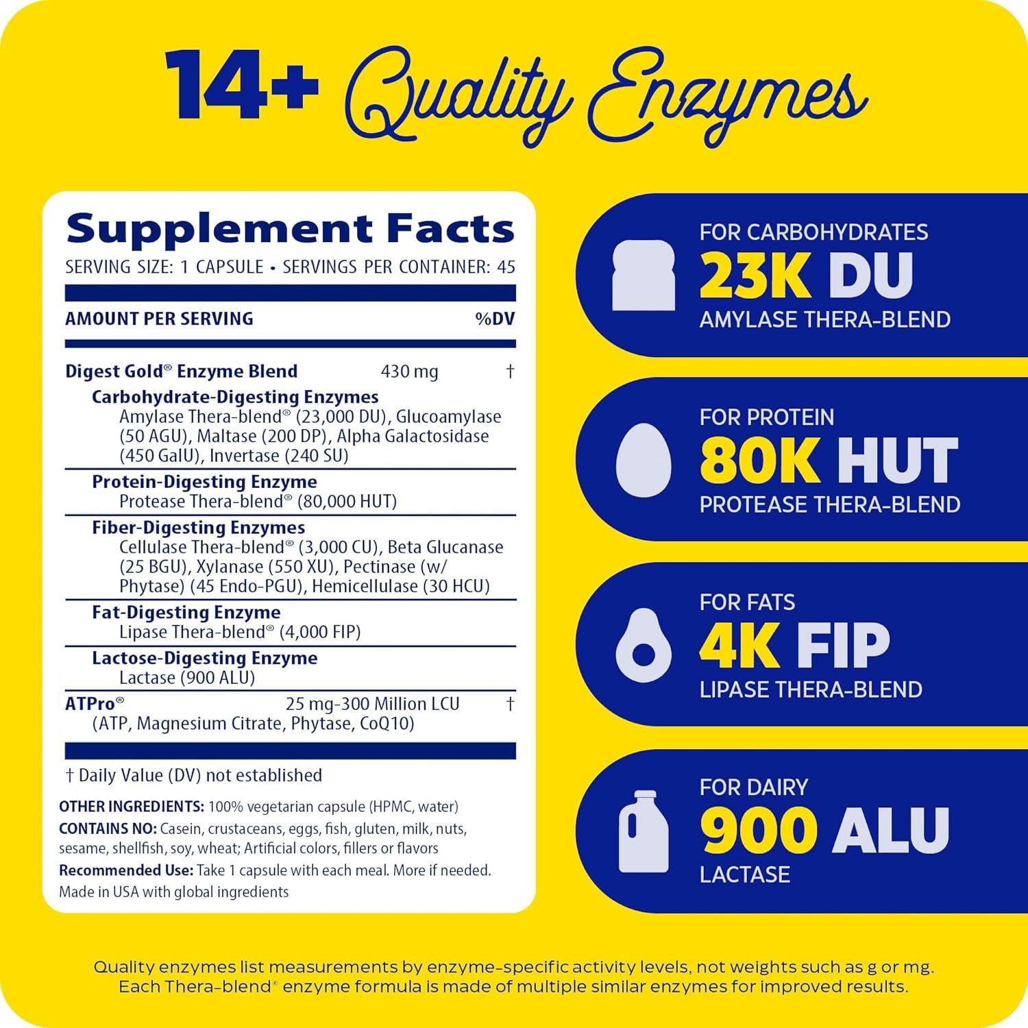 Enzymedica Digest Gold + ATPro, Maximum Strength Enzyme Formula, Fast-Acting, Helps Digest Large Meals, Prevents Bloating and Gas, 45 Capsules