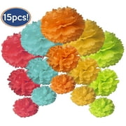 Bastex Tissue Paper Pom Pom  Set of 15 pcs poms. Includes 10, 12 and 14 inch Paper Pompoms Flowers. Tissue Paper Flowers for Birthday Party Decorations, Wedding, Outdoor Fiesta and More
