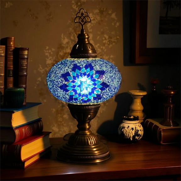 Mozaist Turkish Mosaic Table Lamp, Blue Hand Made Table Lamp with Led Light Bulb