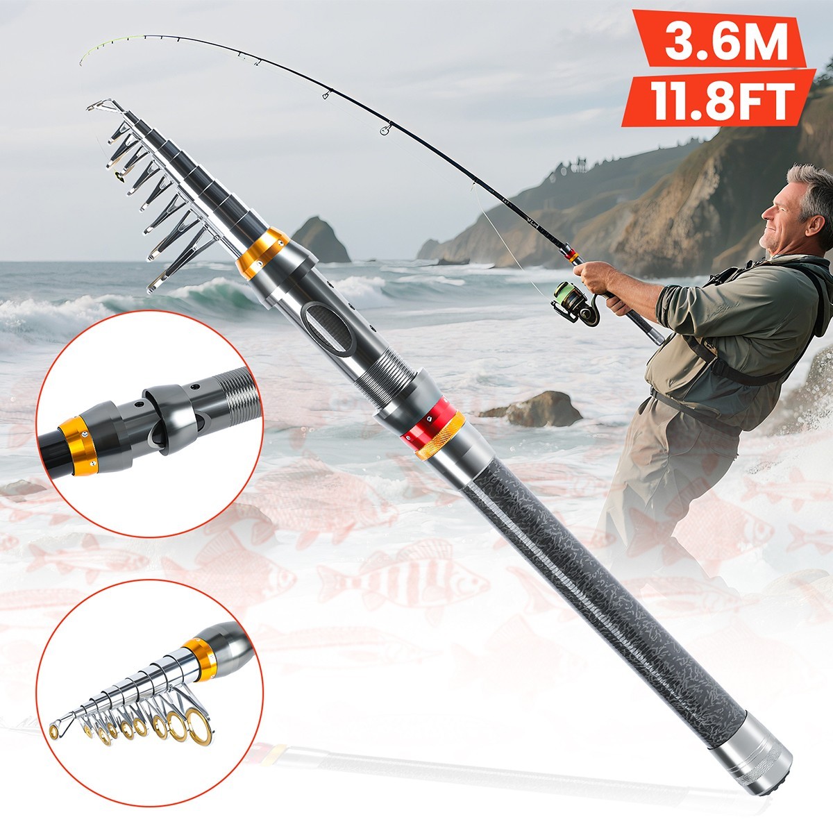 Spinning Fishing Rod Carbon Fiber Telescopic Pole 1.8M-3.6M Fresh Saltwater Rod