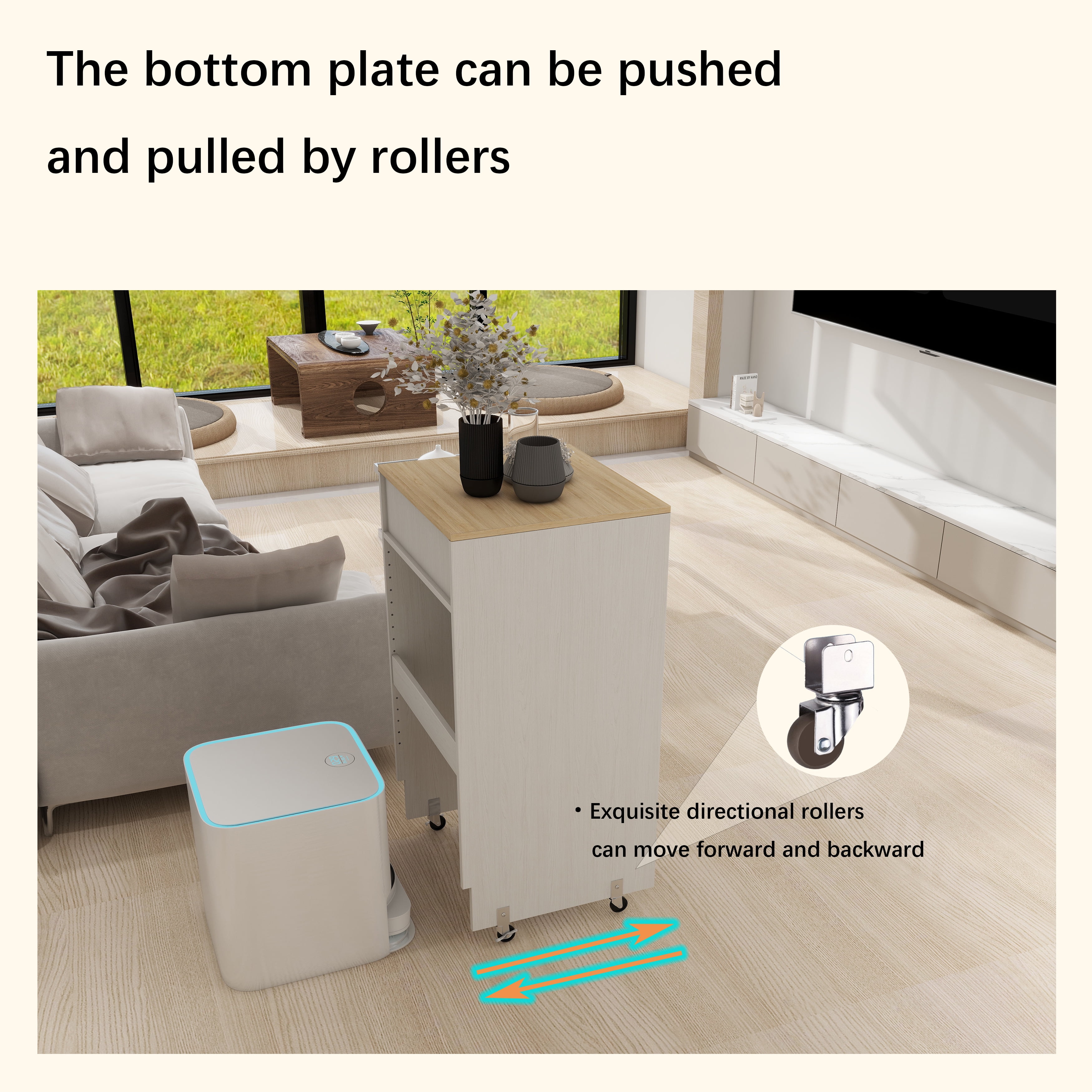Living Room Cabinets Robot Vacuum Stand Cabinet with Wheels, Sweeping Robot Storage Rack with Doors and Drawers, Side Table for Living Room, Home Office, Kitchen-Antique White,Primary Living Space Ca