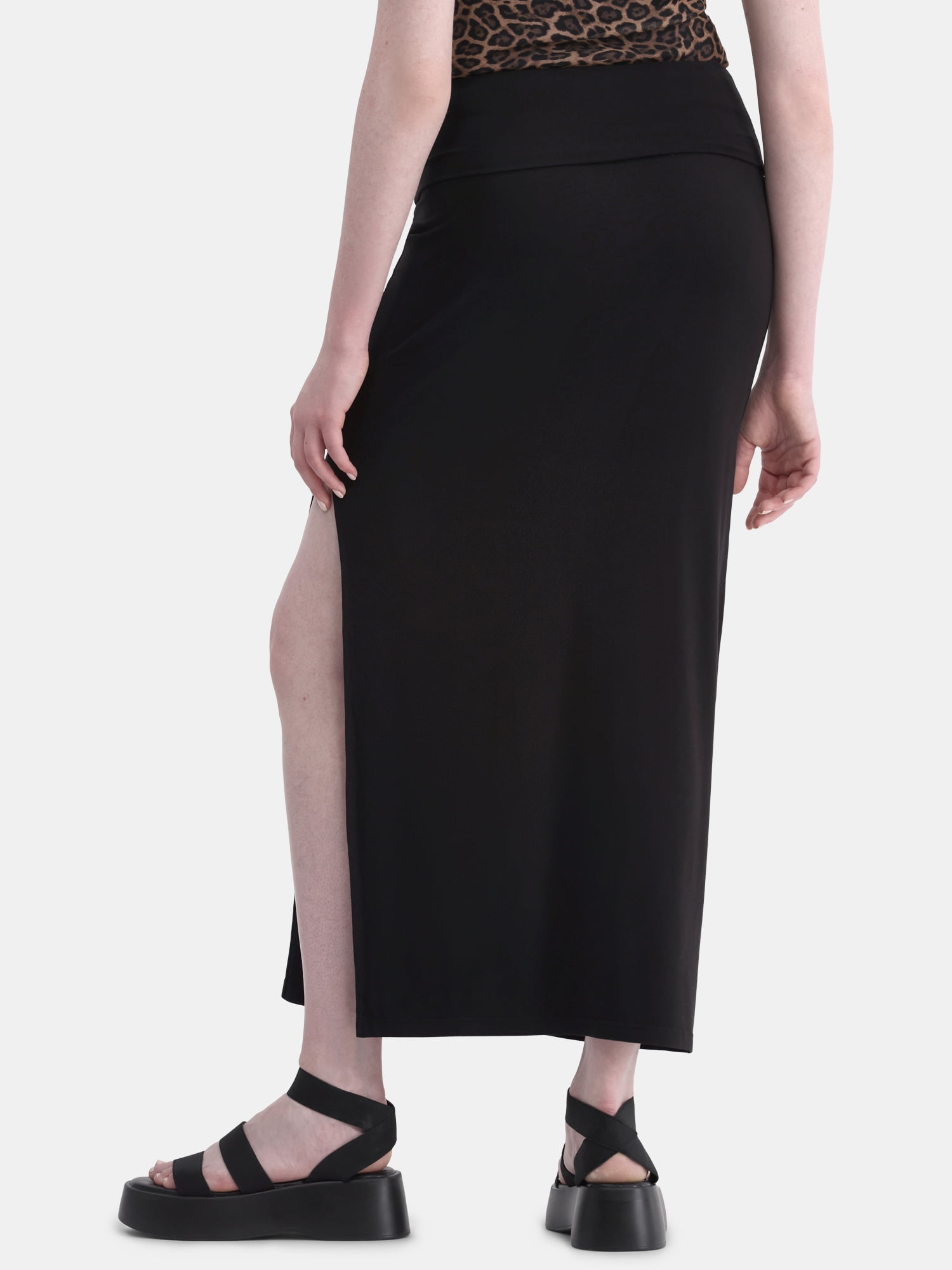 No Boundaries Knit Foldover Slit Maxi Skirt, Women's and Women’s Plus