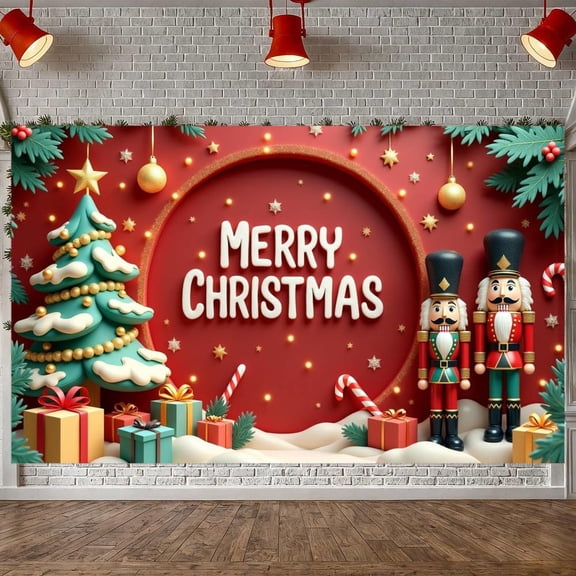 Red Theme Christmas Banner Christmas Tree Design Merry Christmas Banner Nutcracker Decor Gold Star Xmas Banner for Christmas Party Holiday Decoration Indoor Celebration