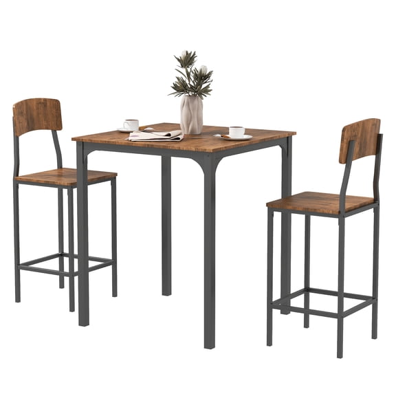 3 Piece Pub Table and Chairs Set, Small Kitchen Table Set, Walnut & Black, Square Dining Table with 2 Stools, Space Saving, Industrial Style