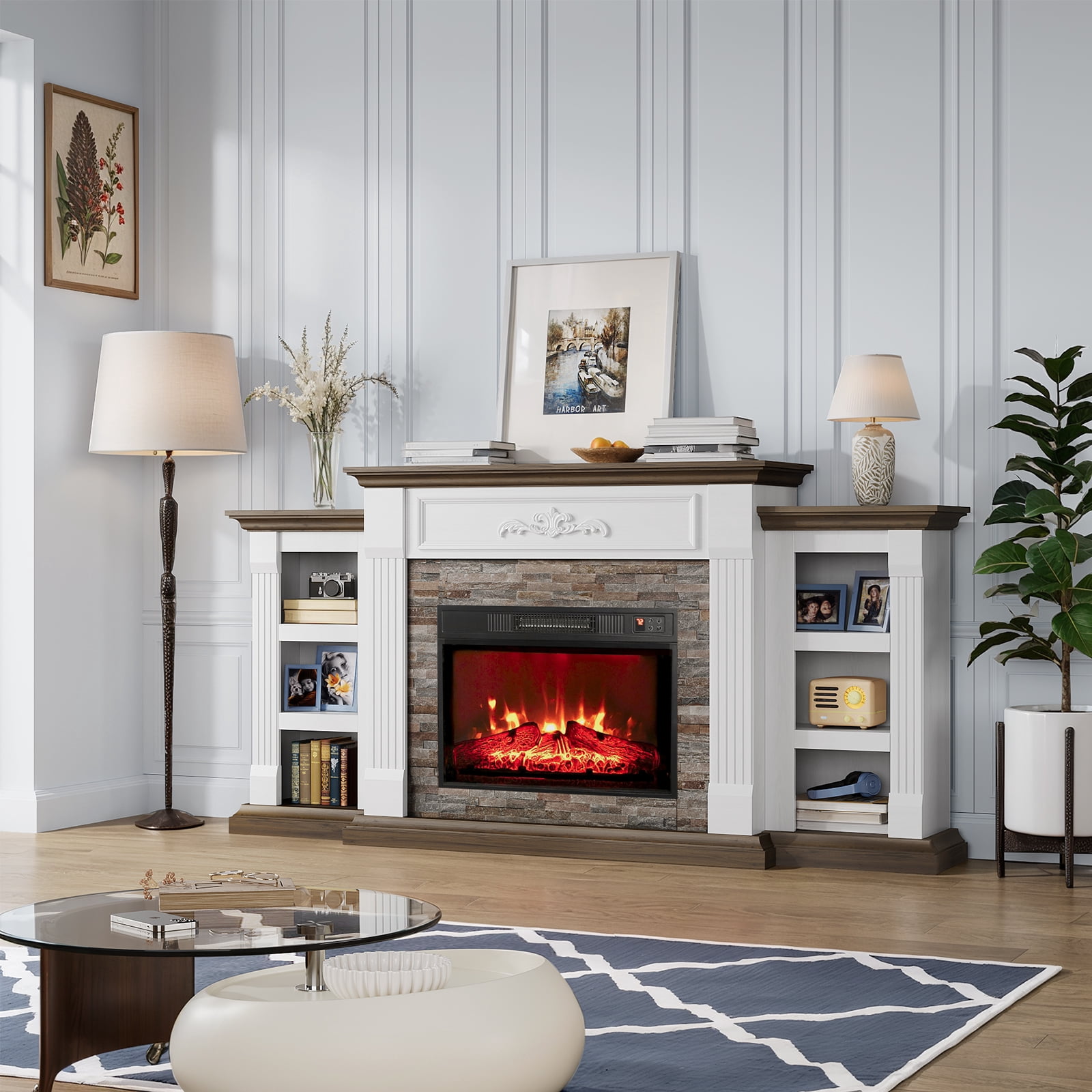 Holliwill 72" Electric Fireplace with Mantel, Farmhouse TV Stand for TVs up to 80", Entertainment Center with 23" Fireplace Insert Heater for Living Room, Bedroom, White Brown