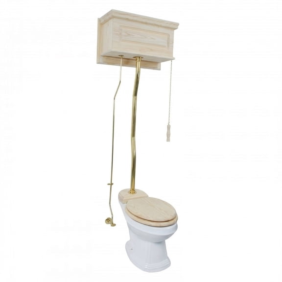 Renovators Supply Manufacturing Unfinished High Tank Pull Chain Toilet with Wooden Raised High Tank 59 in. to 74 in. Adjustable Height Brass Z Pipe and Elongated Toilet Bowl