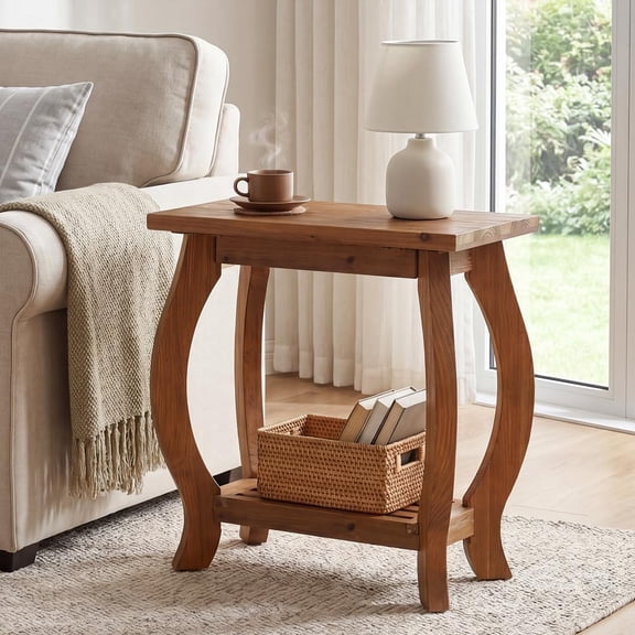 Tribesigns Narrow Side Table, 2-Tier Solid Wood End Table with Storage Shelf, Curved Legs Farmhouse Nightstand for Small Spaces, Bedroom, Living Room, Brown