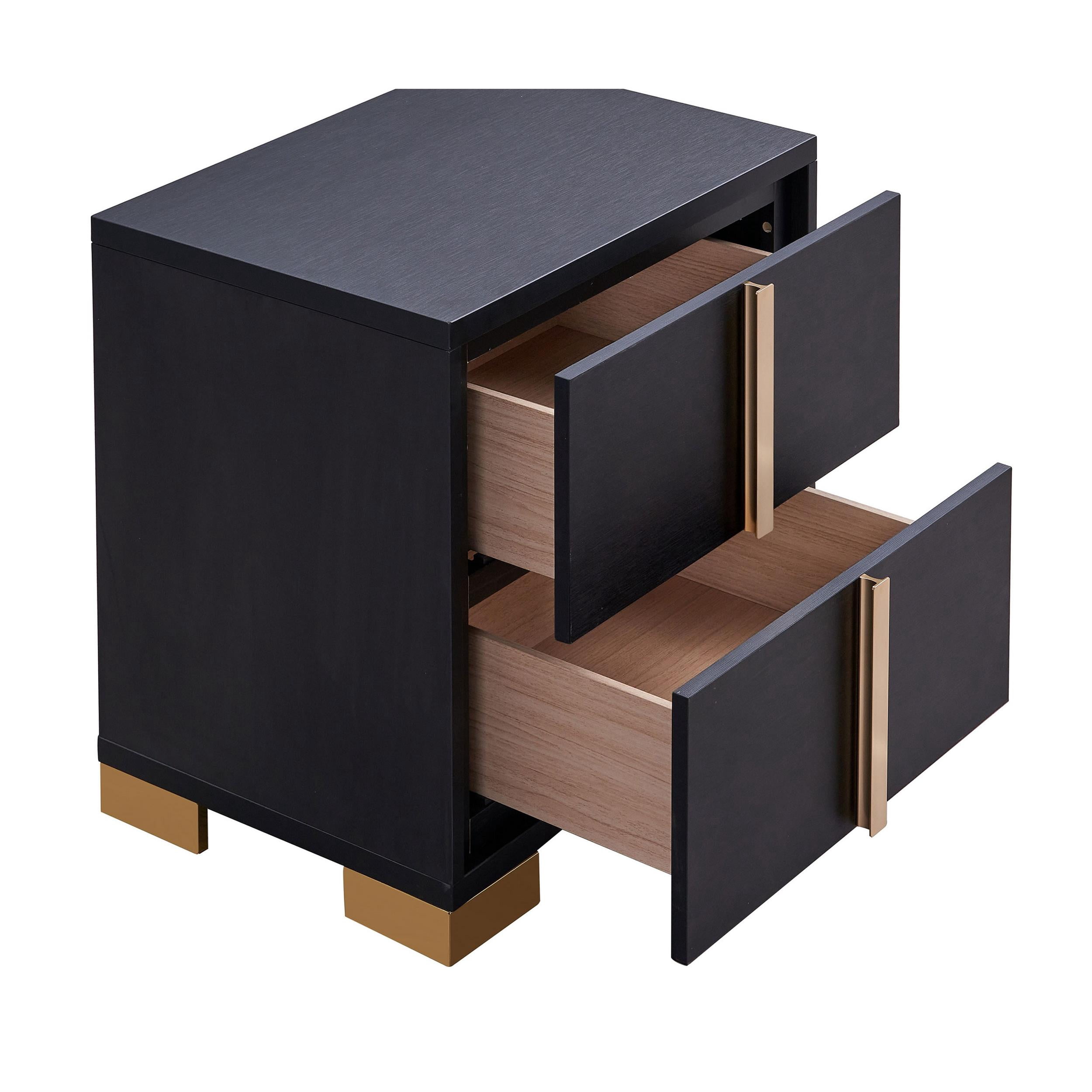 Dex 22 Inch Nightstand- 2 Drawers with Long Vertical Gold Handles- Black