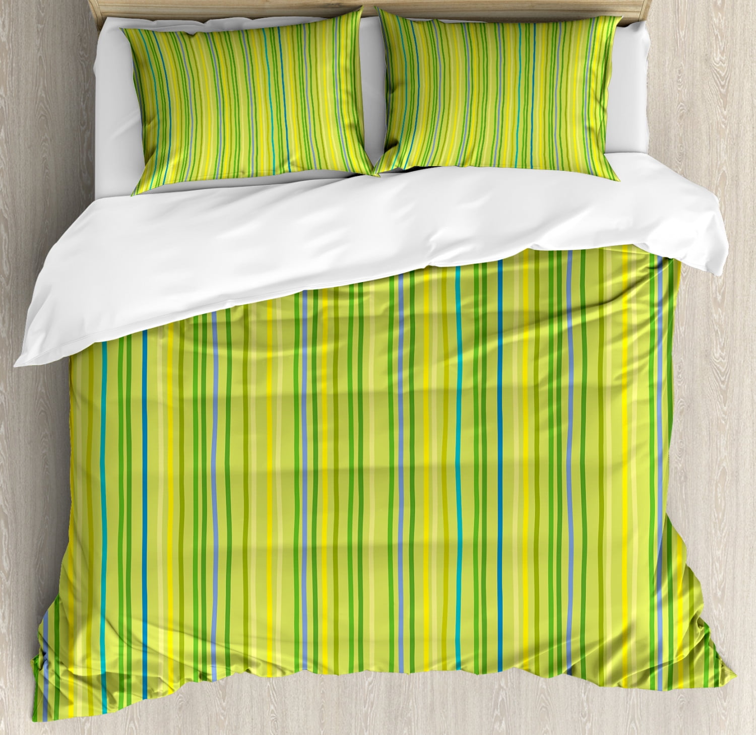 Lime Green King Size Duvet Cover Set, Pastel Toned Vertical Bands