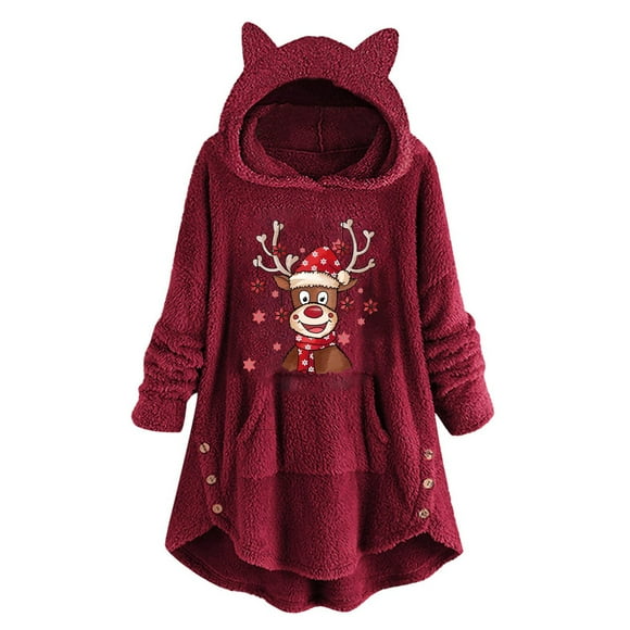 jsaierl Long Hoodies for Teen Girls Long Sleeve Cat Ear Sweater Plush Christmas Pattern Buttons Crewneck Sweatshirt Kangaroo Pocket Pullover Coat
