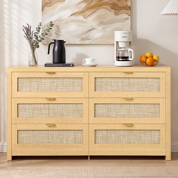 KFFKFF 56.89”W Drawer Dresser, Wooden Chest Dresser with Metal Handle, Suitable for Bedroom, Living Room, Hallway