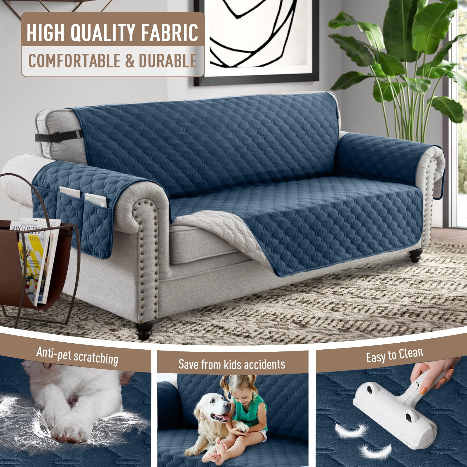 Sanmadrola Sofa Cover 100% Waterproof Couch Slipcovers Washable Non-Slip Furniture Protector with Pockets/Elastic Straps/Silicone Backing for Kids Pets Dogs, Aegean Blue, Oversized Sofa