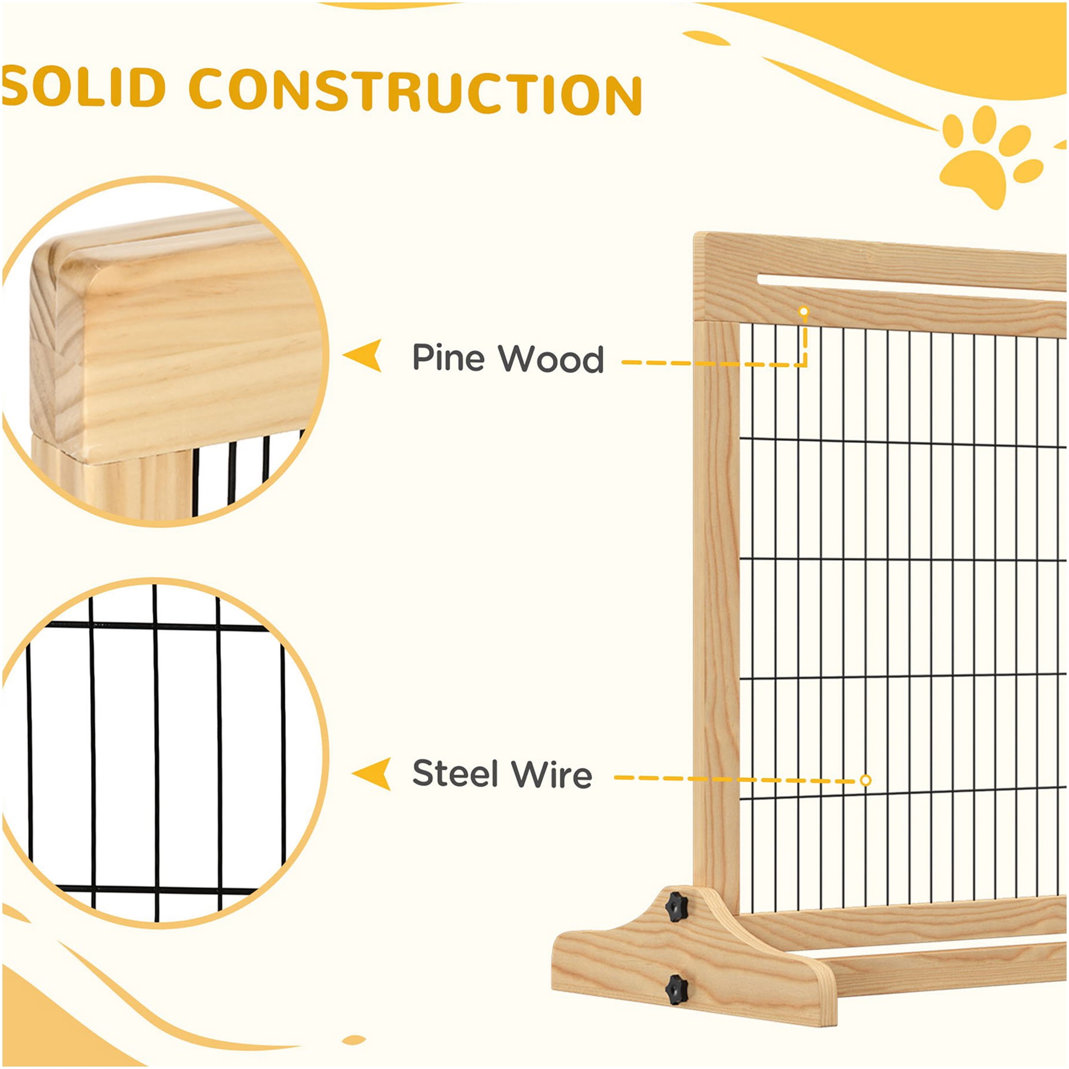 JERFIT Extra Wide Freestanding Pet Gate for Doorways, 41-72 inch Adjustable Wooden Dog Gate with Steel Mesh, Ideal for Hallways & Stairs, Natural Finish