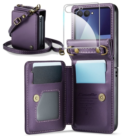 Dteck for Samsung Galaxy Z Flip8 Wallet Case with Screen Protector, RFID Blocking Card Holder PU Leather Crossbody Lanyard Shockproof Phone Cover,Purple