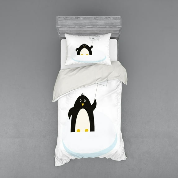 Ambesonne Animal Bedding Set 3 Pcs, Penguin on Ice Need Help, Twin XL, Black White and Sky Blue