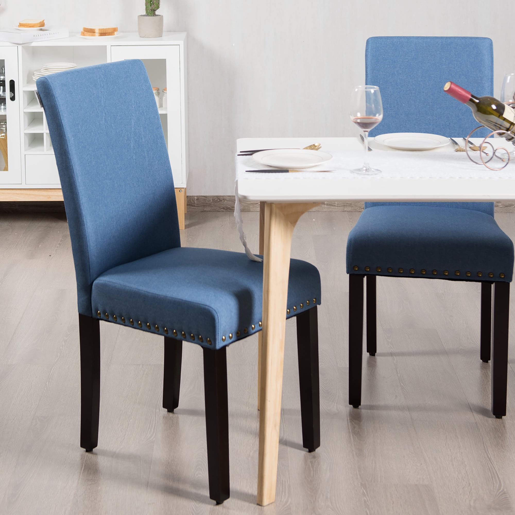Costway Set of 2 Fabric Dining Chairs Kitchen Upholstered with Nailhead Trim Blue