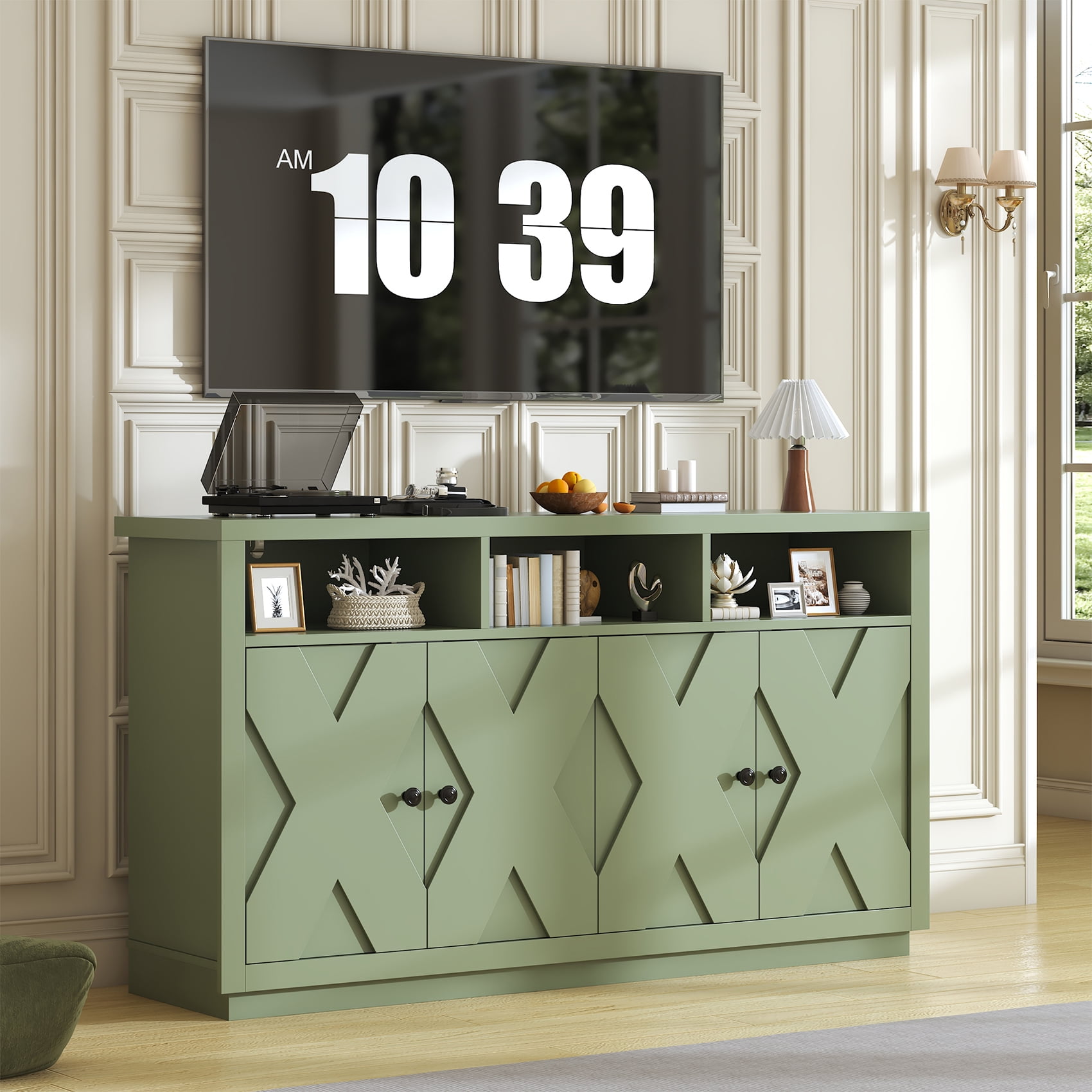 HAUXITIO 60" Farmhouse Buffet Cabinet with 4 Doors & Open Shelves,Kitchen Storage Sideboard for Dining Room & Living Room,Green