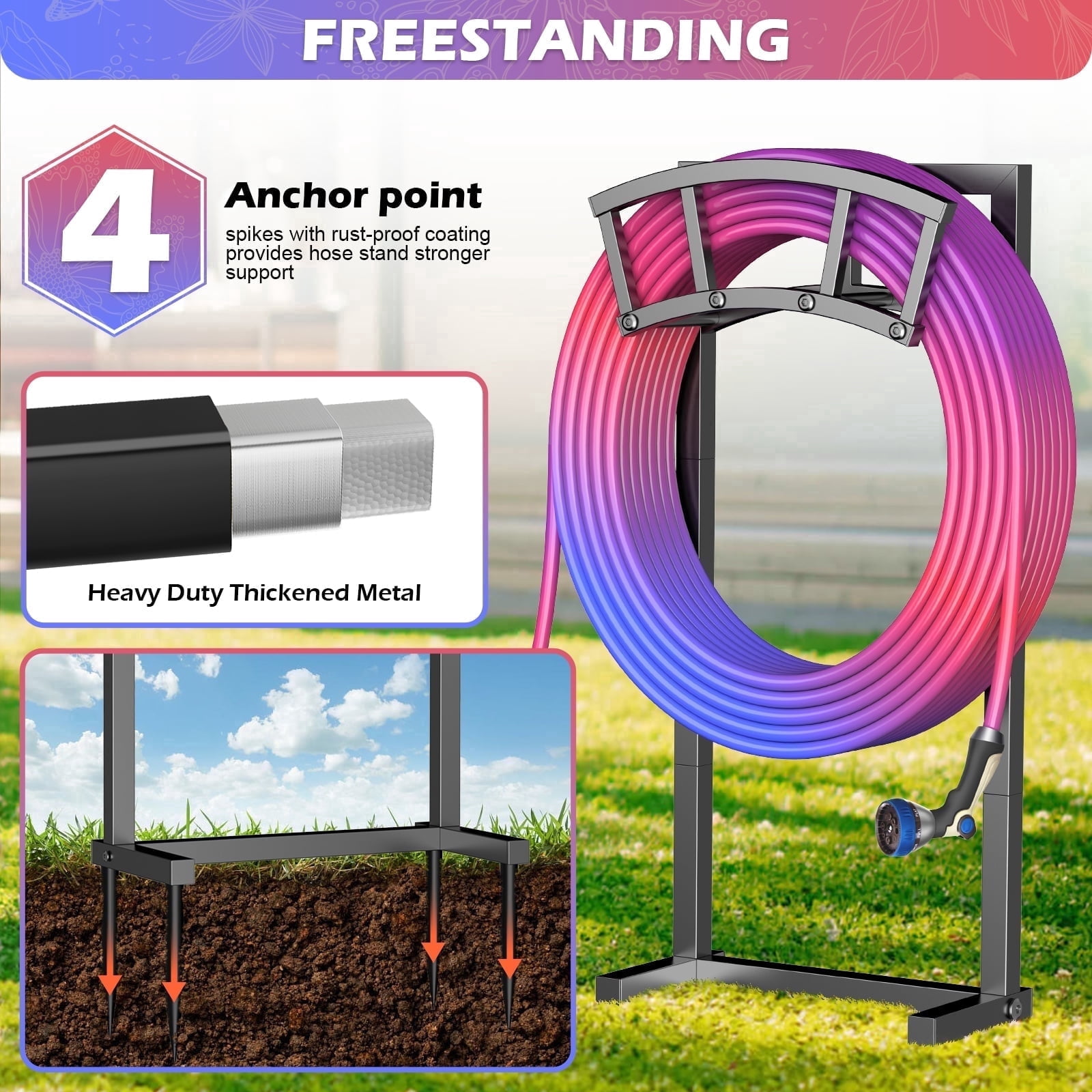 OLV Garden Hose Holder Freestanding Heavy Duty Water Hose Holder Reel,4 Spikes,Holds 150-ft Water Pipe,for Yard Lawn Farm