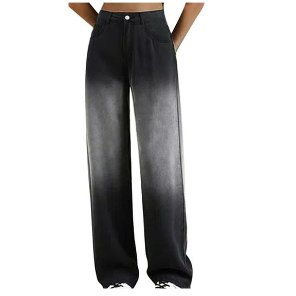 TMOYZQ Women Baggy Jeans Wide Leg High Waist Jeans Loose Boyfriends Jeans 90s Gradient Color Denim Pants with Pockets