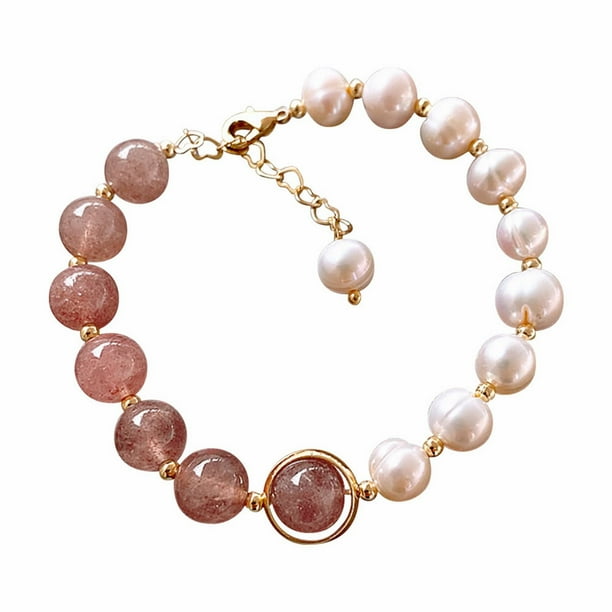 Pulsera de perlas de agua dulce con cristal rosa fresa Pulsera de diseño moderno y retro