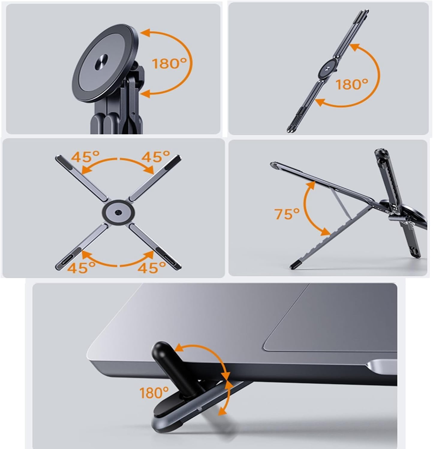 Laptop Stand for Desk, Foldable Aluminum Alloy Magnetic Computer Riser, Ergonomic 8-Level Adjustable Height Travel Laptop Holder,Multi-Functional Stand for 10–16"Laptop,4–13" Tablet and Phone
