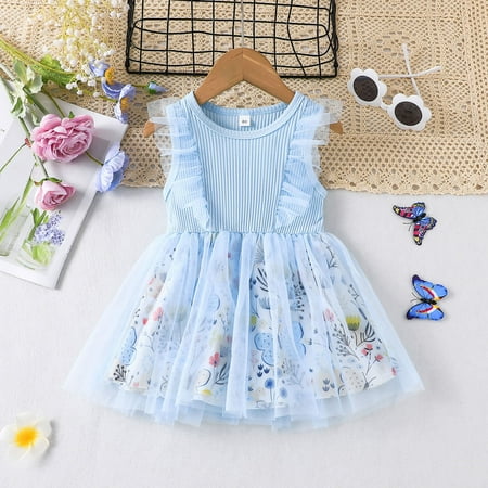 

Dyfzdhu Girls Dress Toddler Girls Sleeveless Floral Prints Tulle Ribbed Princess Dress Clothes