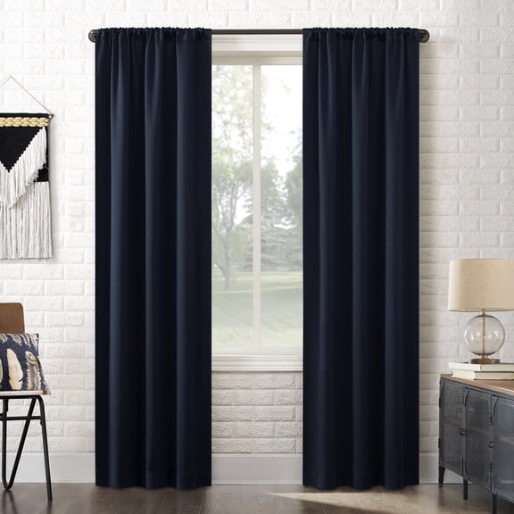 Sun Zero Bergen 2-pack Dorm Curtain Theater Grade Extreme 100% Blackout Rod Pocket Curtain Panel Pair, Navy Blue, 40"W x 96"L (2 Panels)