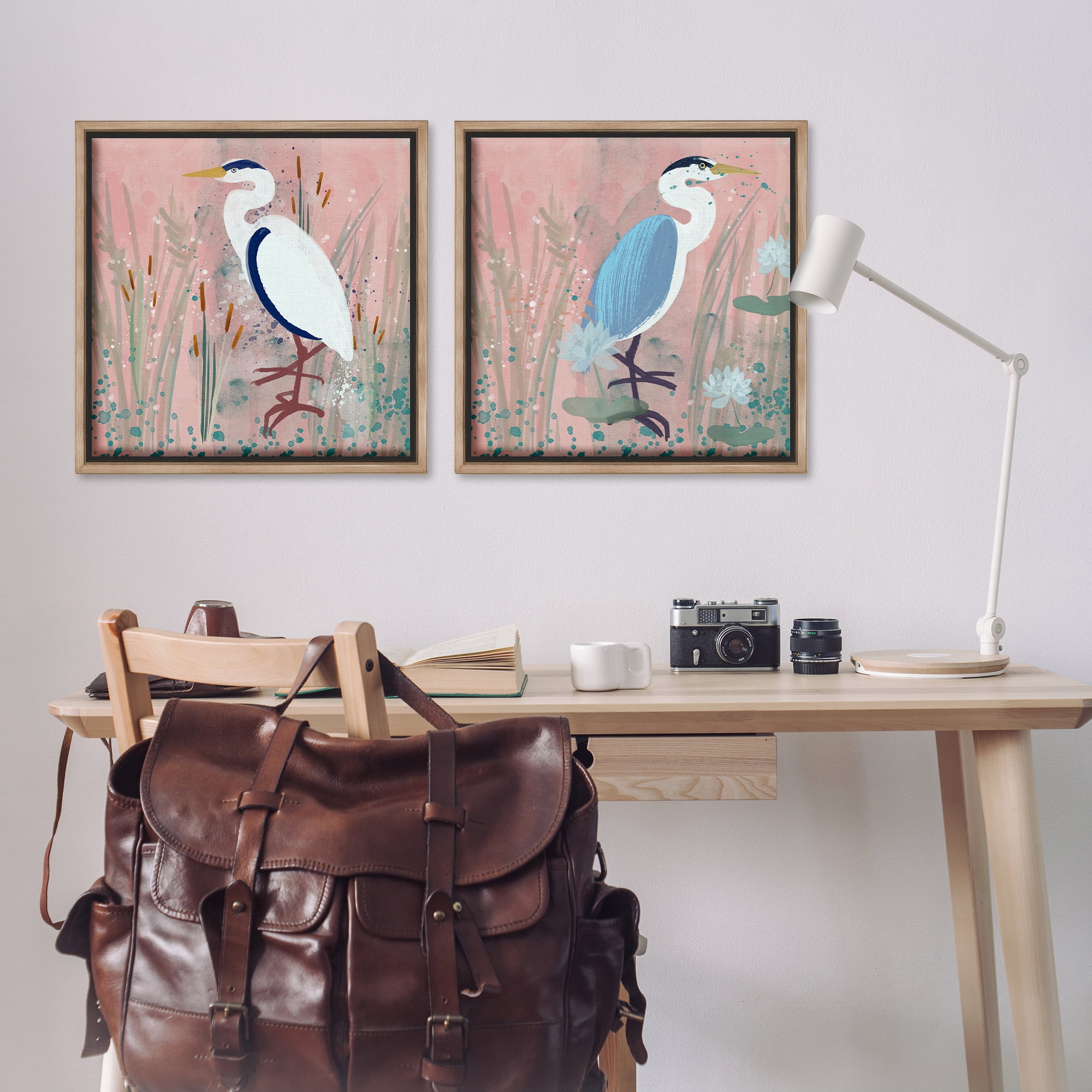 Stupell Industries Blue Heron Egret Cattail Marsh Animals Painting Brown Floater Framed Canvas Art Print Wall Art, 25 x 25, Set of 2