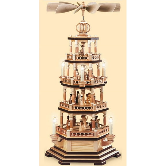 German christmas pyramid Christmas story, 4-tier, height 72 cm / 28 inch, electrical illuminated and driven (120V, 50Hz for USA and Japan), natural, original Erzgebirge by Müller Seiffen