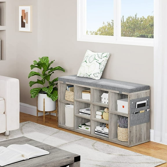 41" Shoe Storage Bench with Padded Seat, 10 Cubes, Adjustable Shelves & Side Pockets, Entryway Organizer, Gray