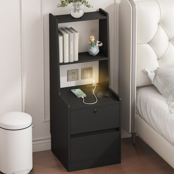 Tcbosik Nightstand with Charging Station, Modern End Table with Voice Controlled Night Light, Lockable Bedside Table with Open Shelves and Storage Drawers for Bedroom, Black