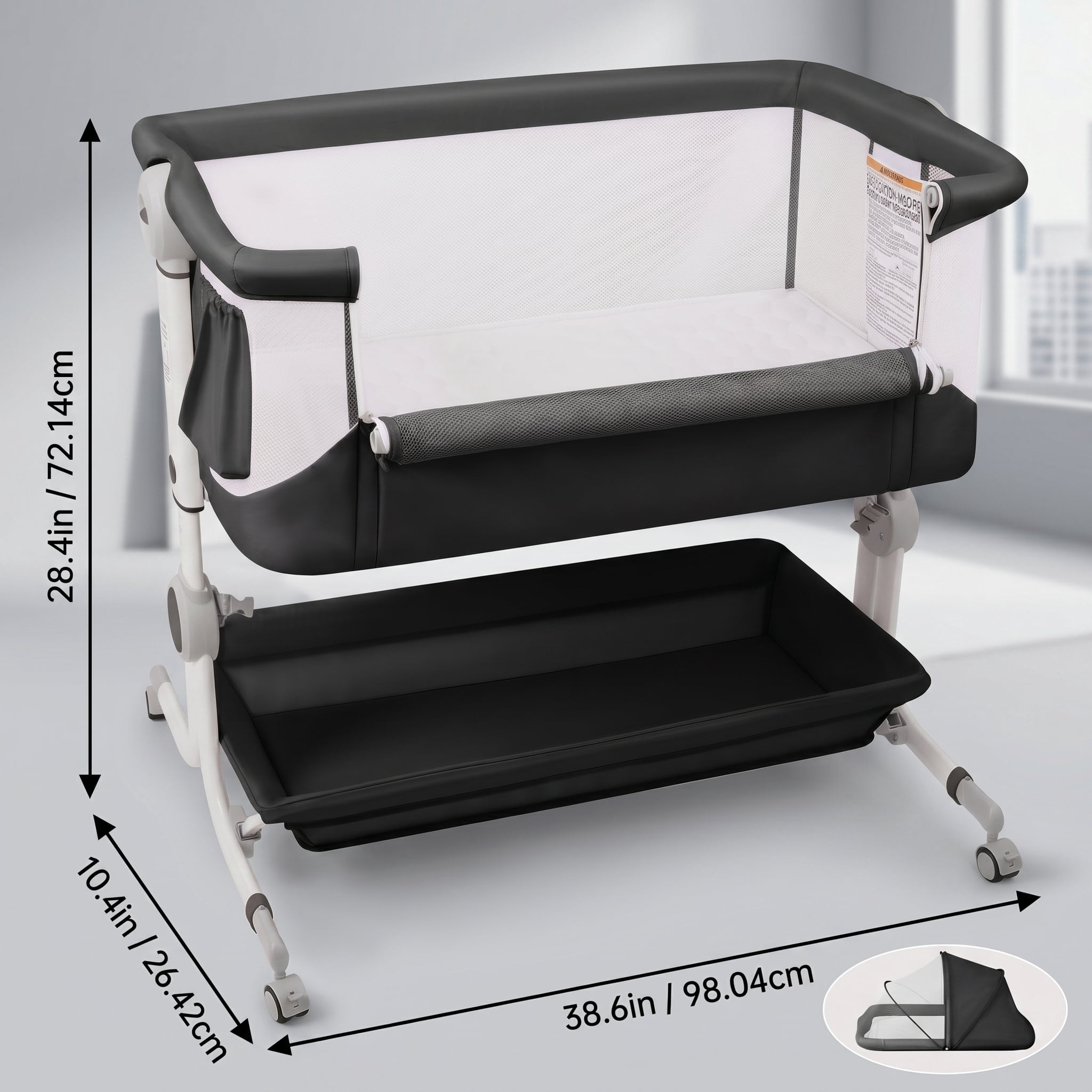 Moveasy Baby Bassinet, with Adjustable Height, Breathable Mesh Sides, Storage Basket, Wheels, Dark Gray