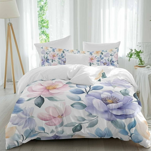 Blue Pink Flowers 4 Piece Duvet Cover Set Queen Size Spring Watercolor Floral Leaves Soft Bedding Set Comforter Cover, 1 Duvet Cover 1 Flat Sheets and 2 Pillowcases