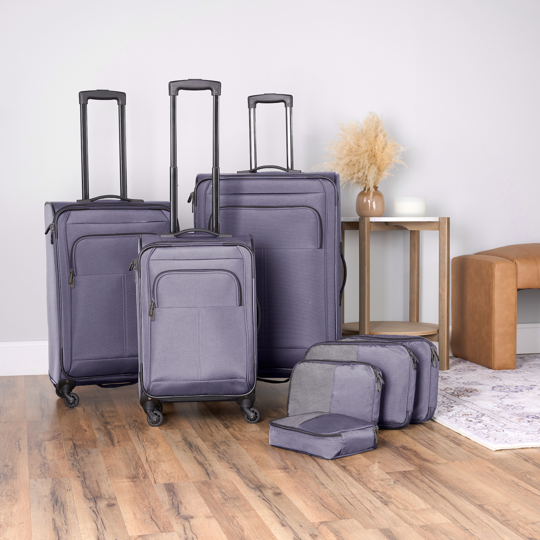 Protege 7 Piece Softside Polyester Luggage Set With 360 Spinner Wheels and Divider Pockets, Includes 28-inch and 24-inch Checked Bags, 20-inch Carry-on Bag, 2 Medium and 2 Large Packing Cubes, Gray