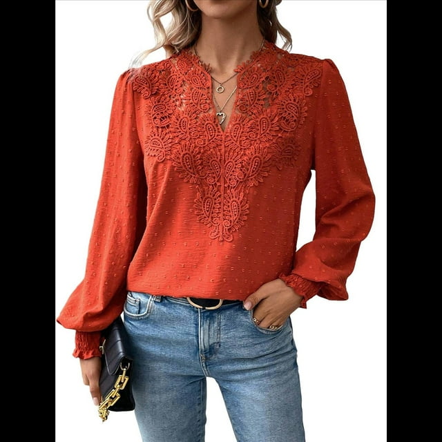 Blusas de con Lunares, Estilo Bohemio, de Larga y Cuello en V para Mujer, con Encaje de Ganchillo, Estilo Informal y Moderno Rojo XL