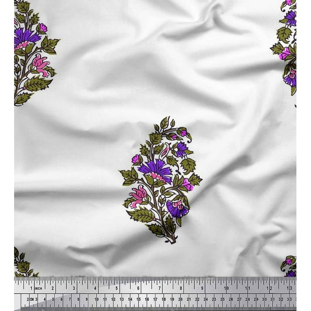 Soimoi Polyester Crepe Fabric Leaves & Floral Block Print Fabric by Yard 52 Inch Wide