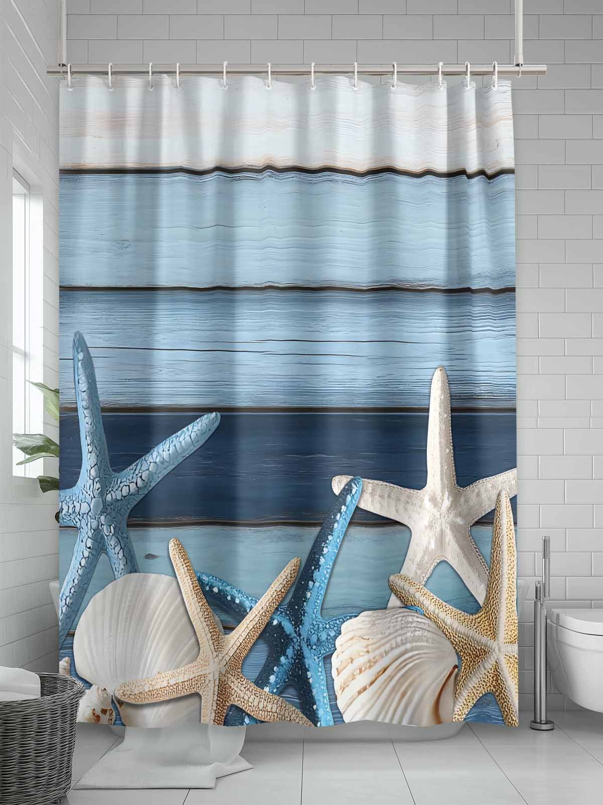 Vintage Coastal Shower Curtain, Wood Texture Starfish Shell Bathroom Decor Curtains Set with Hooks, Aqua Blue Ivory Waterproof Fabric Home Accessories， 72 X 72 Inch Long