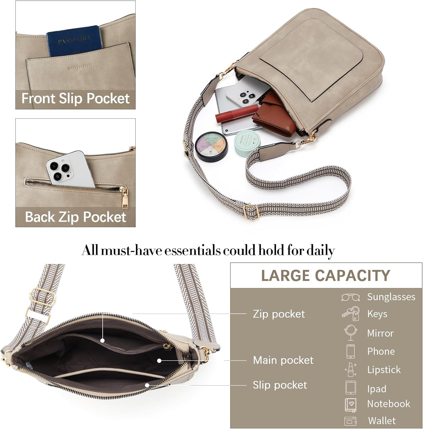 Crossbody Bags for Women Trendy Vegan Leather Hobo Handbags Fashion Shoulder Purse with Adjustable Guitar Strap