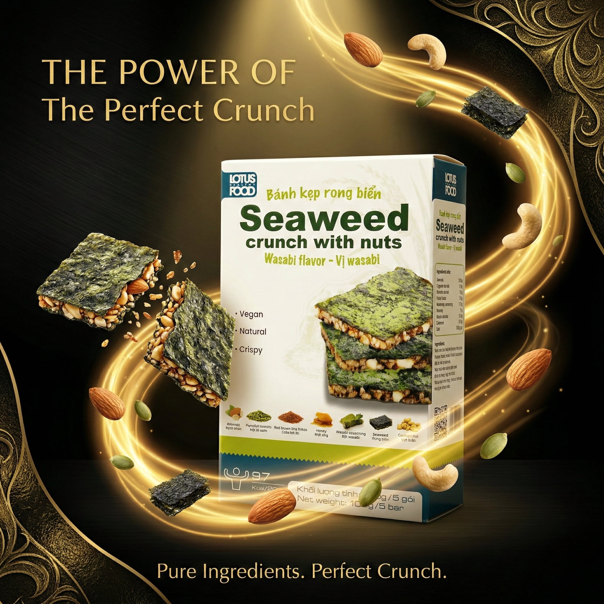 LOTUS HFC Seaweed Snack 3 Pack (100g Each) – Crispy Roasted Seaweed Crunch Chips – Variety Asian Flavors – Vegan Snack Bundle (Wasabi)