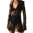 thumbnail image 4 of Coduop Women See Through Lace Mini Dress Long Sleeve V Neck Short Dress Nightwear Babydoll Dress, 4 of 9