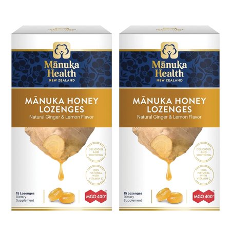 Manuka Health, Manuka Honey Lozenges, Natural Ginger & Lemon, MGO 400+ with Vitamin C, 15 each, Pack of 2