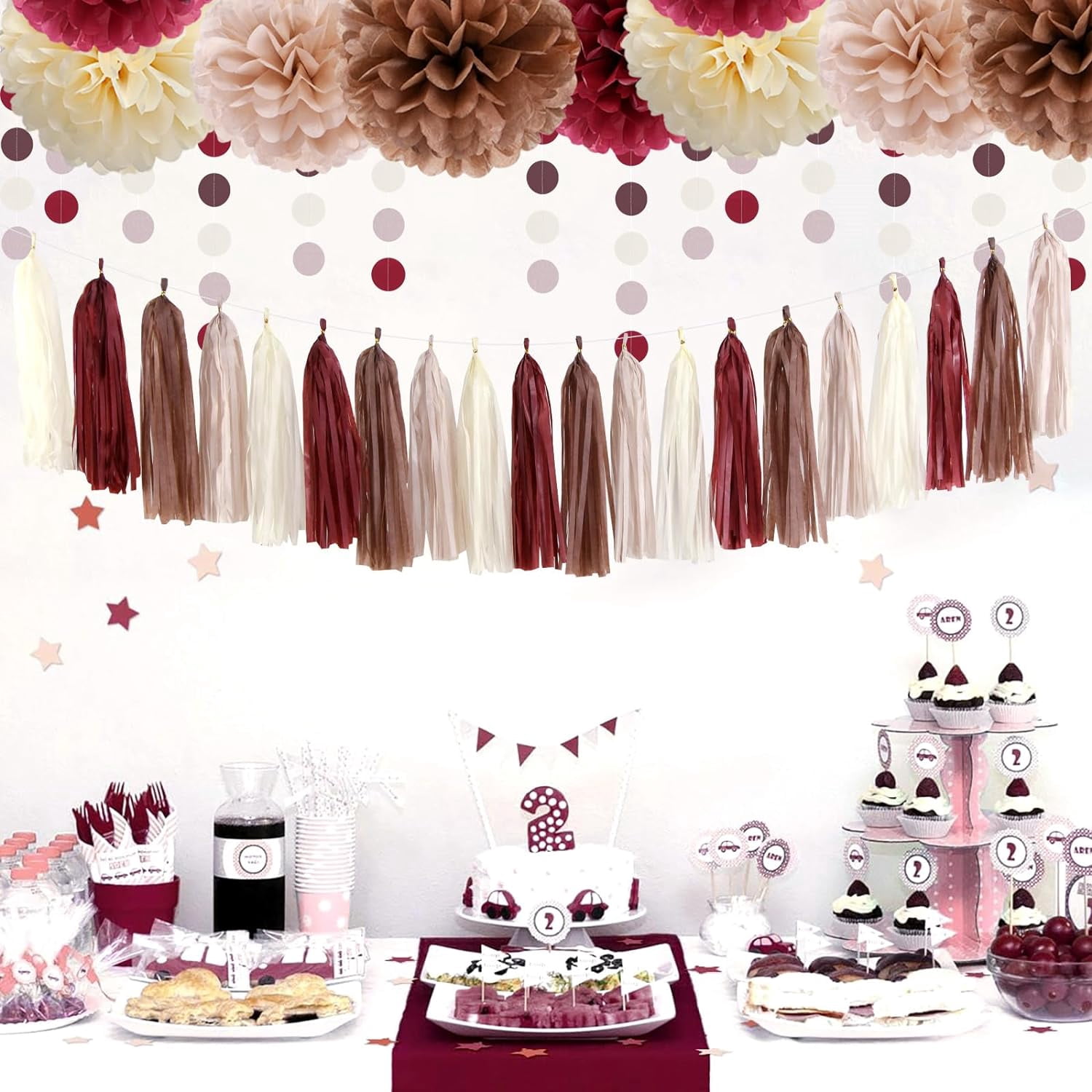 Brown Burgundy Champagne-Gold Party-Decorations - 30pcs Rustic Boho Wedding Tissue Pom-Poms Streamers ,Fall Autumn Tassel Garland Banner,Birthday Baby Bridal Shower Engagement Decor
