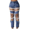 thumbnail image 1 of FSDKSM Women's High Waisted Pearl Beaded Ripped Jeans, Rhinestone Cut Out Straight Leg Denim Pants, Chain Boyfriend Jeans, 1 of 1